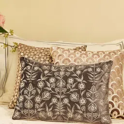 Pure Home and Living Brown & Cream Floral Embroidered Cotton Rectangle Cushion Covers-40