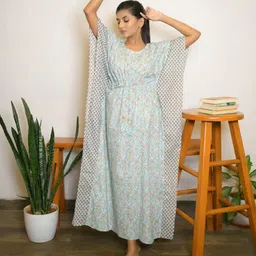 Vivika Vine & Motif Printed Pure Cotton Kaftan Midi Night Dress-picture-5