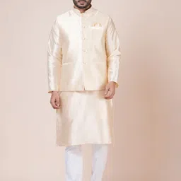 Nawaz's Mandarin Collar Straight Kurta With Trousers And Nehru Jacket-image-24