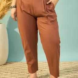 Moda Rapido Women Plus Size Pleated Mid-Rise Pure Cotton Trousers-picture-18