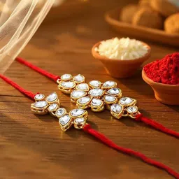 LUCKY JEWELLERY 2-Pcs Cubic Zircon Studded Rakhi With Roli Chawal & Greeting Card-2