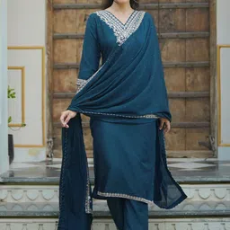 Libas Women Floral Yoke Design Regular Beads and Stones Kurta with Trousers & With Dupatta-image-59