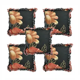 Luxmi Cotton Fabrics Black & Mustard 5 Pieces Floral Printed Square Cushion Covers-30