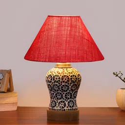 Devansh Pink & White Printed Wooden Frustum Shaped Table Lamp With Mosaic Glass Base image 3