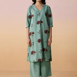 Dressfolk Teal Tunic Set In Mulmul With Floral Hand-Block Print Co-Ords-9