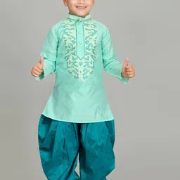AHLAN APPARELS Boys Floral Yoke Design Thread Work Dupion Silk Straight Kurta With Patiala-1