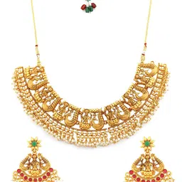 Anouk Matte Gold Plated Ruby Emerald Studded Temple Inspired Ethnic Statement Necklace Set image 2