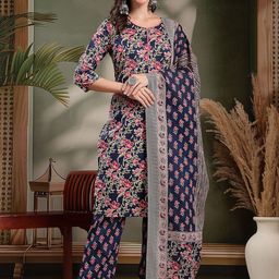HERE&NOW Women Ethnic Motifs Printed Pure Cotton Kurta with Trouser & Dupatta-picture-20