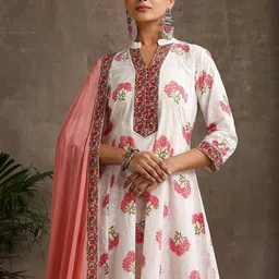 Khushal K Floral Printed Mandarin Collar Pure Cotton A-Line Kurta With Palazzos & Dupatta image 2