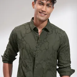 HIGHLANDER Men Comfort Slim Fit Spread Collar Textured Cotton Casual Shirt-image-58