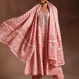 Libas Women Floral Printed Panelled Sequinned Pure Cotton Kurta with Palazzos & With Dupatta-image-71