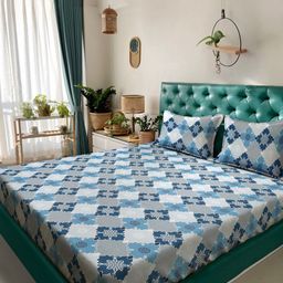 Myntra Elegant Homes Blue Geometric Fitted 400 TC Cotton King Bedsheet Set 2.50 m x 2.25 m-picture-1