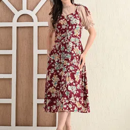 SHINISHA Women Floral Printed Puff Sleeve Fit & Flare Midi Dress-picture-25
