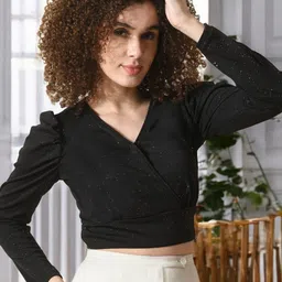 BAESD Women V Neck Puff Sleeves Wrap Crop Top-image-25