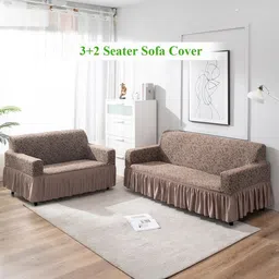 HOKIPO Light Taupe Solid 5 Seater Fully Covered Stretchable Sofa Cover-39
