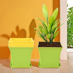 Kuber Industries 4-Pcs Green & Yellow Premium Flower Pots for Garden withBottomPlates-35