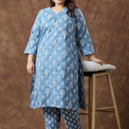 Sizeupp Printed Pure Cotton Plus Size V-Neck Top with Trousers Co-Ords-6