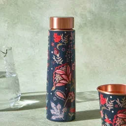 Chumbak Navy Blue & Red Floral Printed Copper Water Bottle-13