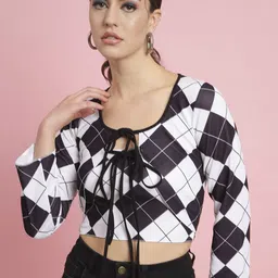 BAESD Checked Tie-Up Neck Blouson Crop Top-11