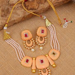 Crunchy Fashion Enamelled Gold-Plated Pink & Orange Pearls Beaded Jewellery Set-image-68