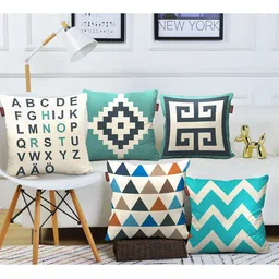 AEROHAVEN Cream Coloured & Green 5 Pieces Geometric Cotton Square Cushion Covers-32