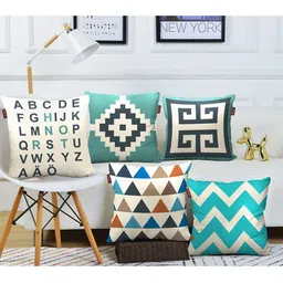 AEROHAVEN Cream Coloured & Teal 5 Pieces Geometric Square Cushion Covers-7