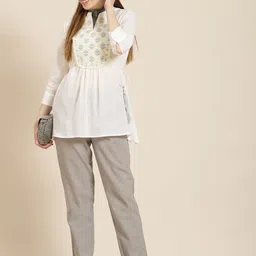 Juniper White & Yellow Mandarin Collar Embroidered Tunic-image-85
