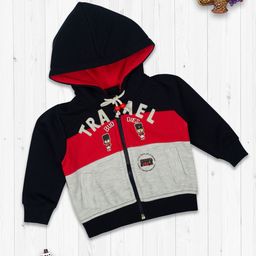 MeeMee Boys Navy Blue & Red Striped Fleece Lightweight Hooded Sporty Jacket-picture-33