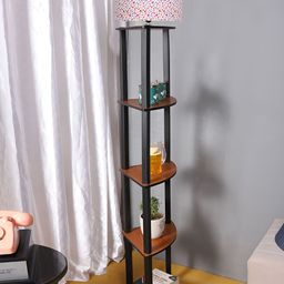 Devansh White Printed Cotton Wooden Floor Lamp With Shelves-58