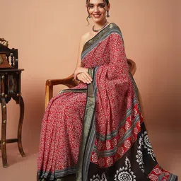 Anouk Floral Zari Pure Cotton Block Print Saree-31