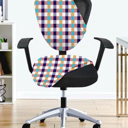 Lazi White & Blue Checked Stretchable Office Chair Cover-picture-1