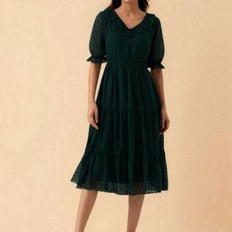 AASK Women Green Self Design Crepe Fit and Flare Calf Length Dress-picture-44