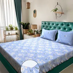 KLOTTHE Blue Floral 300 TC Fitted King Double Bedsheet With 2 Pillow Covers-2.50mx2.25m-image-63