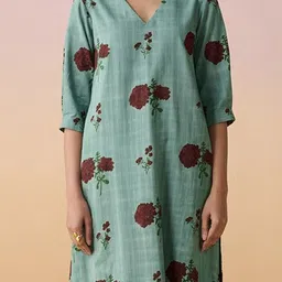 Dressfolk Teal Tunic Set In Mulmul With Floral Hand-Block Print Co-Ords image 4