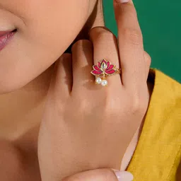 TEEJH Gold-Plated Stones-Studded & Beaded Finger Ring-26