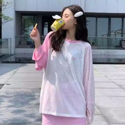 KPOP Women Striped Linen Round Neck Long Sleeves Top-picture-2