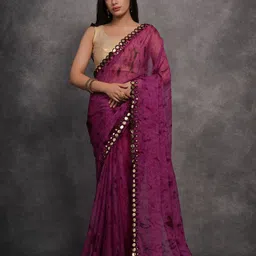 Mitera Abstract Printed Mirror Work Saree-14