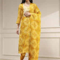 Biba Women Yellow Printed Cotton Unstitched Kurta Pant & Dupatta Dress Material-picture-7