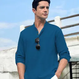 EdinWolf Men India Slim Fit Band Collar Solid Cotton Casual Shirt-picture-37