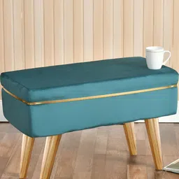 Shadowkart Blue & Brown Rectangle Wooden & Velvet Pouffes Ottoman-image-93
