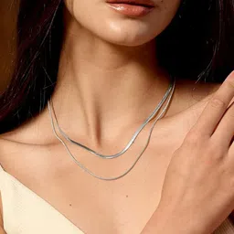 VAMA Set Of 2 Stainless Steel Silver-Plated Minimal Herringbone Snake Layered Chains-11