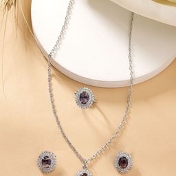 ZENEME Rhodium-Plated AD Stone-Studded Jewellery Set-image-85