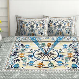 Spangle Blue & Cream Printed Cotton 260 TC King Bedsheet Sets -2.74 m x 2.54 m,-picture-4