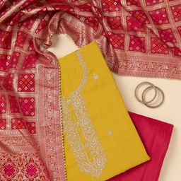 Koskii Floral Embroidered Zari Work Raw Silk Unstitched Dress Material-image-27