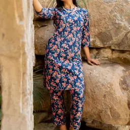 MIRCHI FASHION Floral Printed Notch Neck Pure Cotton Kurta With Trousers-image-90