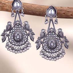 Sangria Silver-Plated Kundan-Studded Oxidised Drop Earrings-16