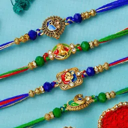 eCraftIndia Set Of 4 Ganesha & Peacock Thread Rakhi-image-67