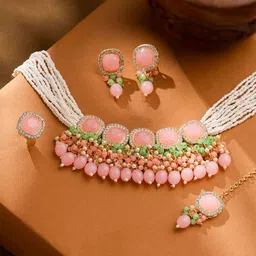 Yellow Chimes Gold-Plated Stone Studded & Pearls Beaded Choker Jewellery Set-39