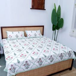 Plarsh Comfort White & Green Floral 300 TC King Bedsheet with 2 Pillow Covers-image-79