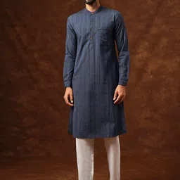 JAYPORE Striped Band Collar Pure Cotton Straight Kurta-image-56